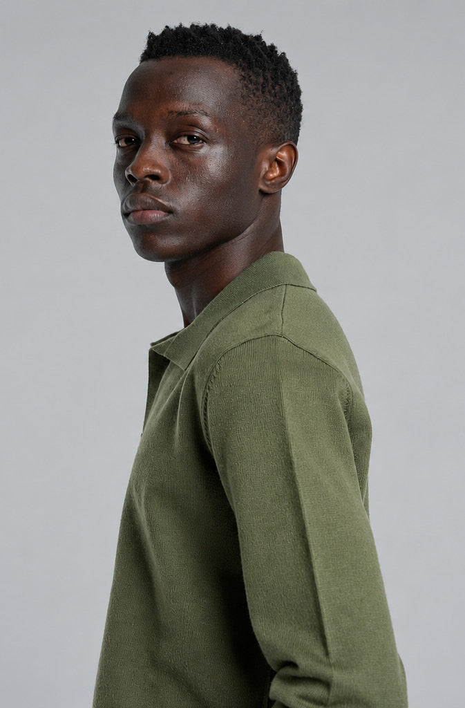 OPALE olive knit polo campaign portrait