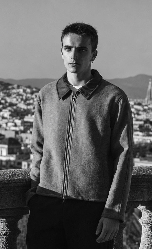 OPALE knitwear in a black and white terrace portrait